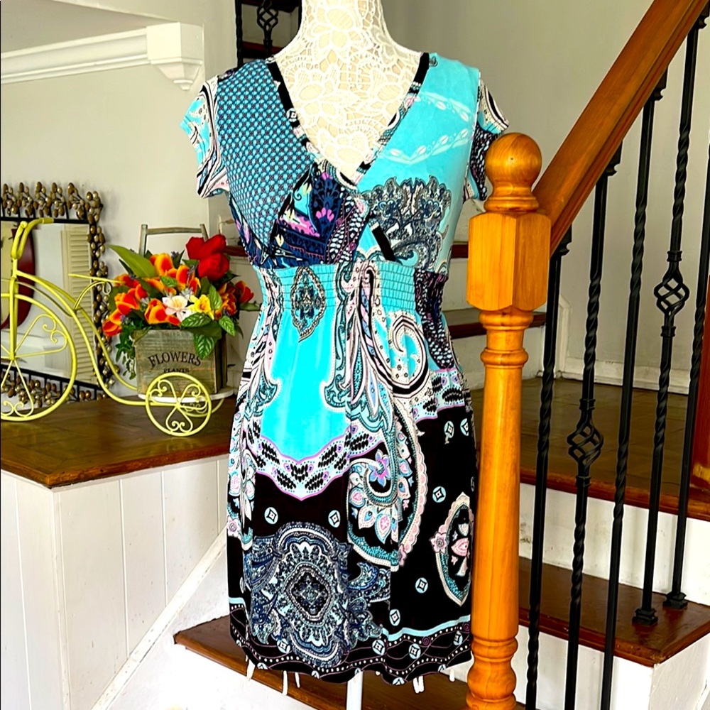 5th & Love stretchy teal blue black paisley dress